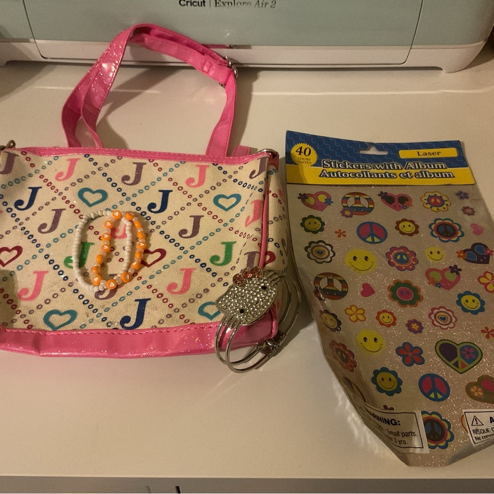 Justice Pink and White Kids Accessory Bag with Stickers